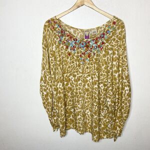 Original Anthony Beaded Animal Print Top Tie‎ Sleeves Boho Artsy Women’s Large